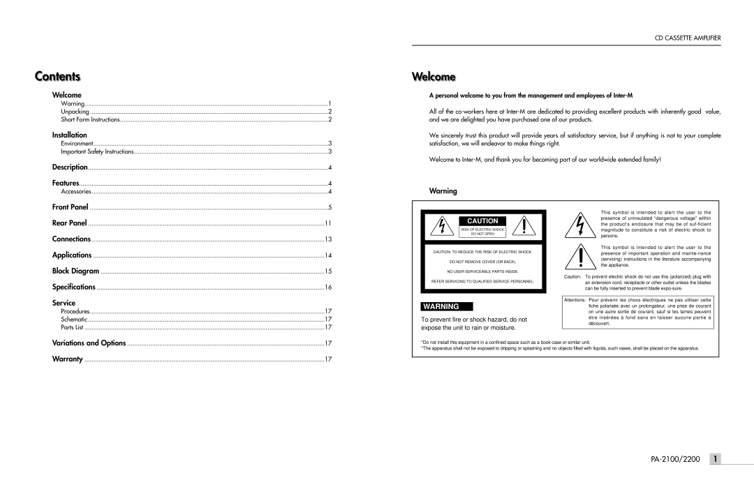 InterMetro Ind PA-2100, PA-2200 manual Contents, Welcomel 