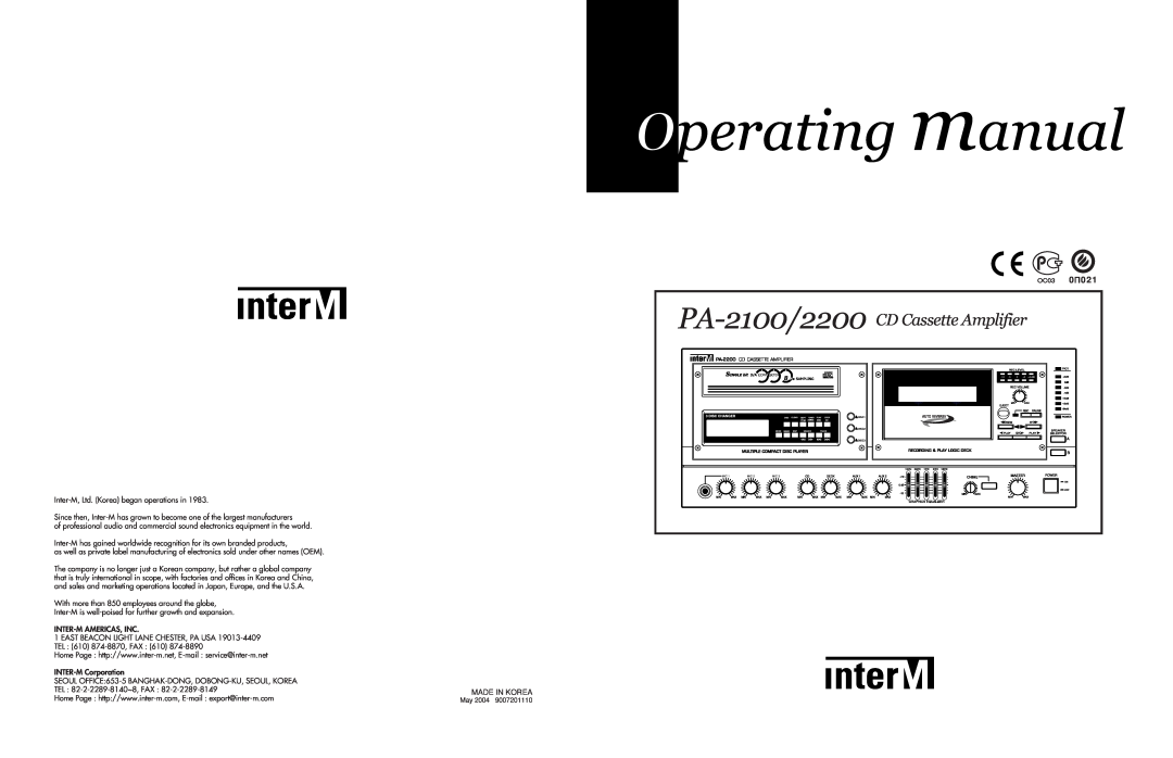 InterMetro Ind PA-2200 manual PA-2100/2200 CDCassette Amplifier 