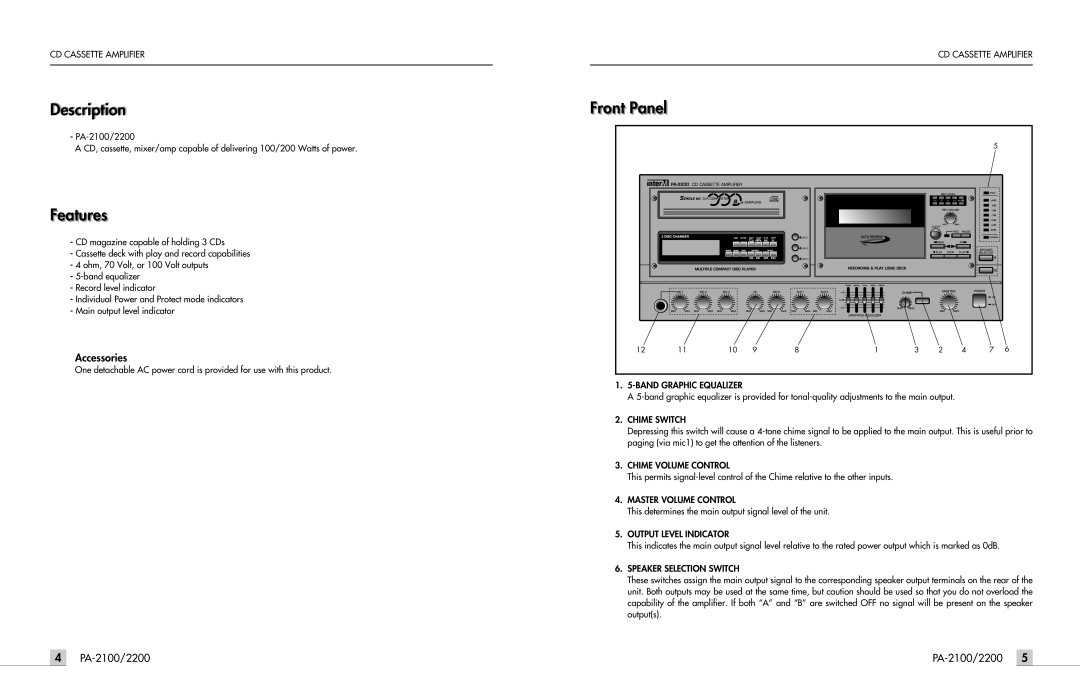 InterMetro Ind PA-2200 manual Descriptioni, Featurest, Accessories, Frontt Panell, PA-2100/2200 