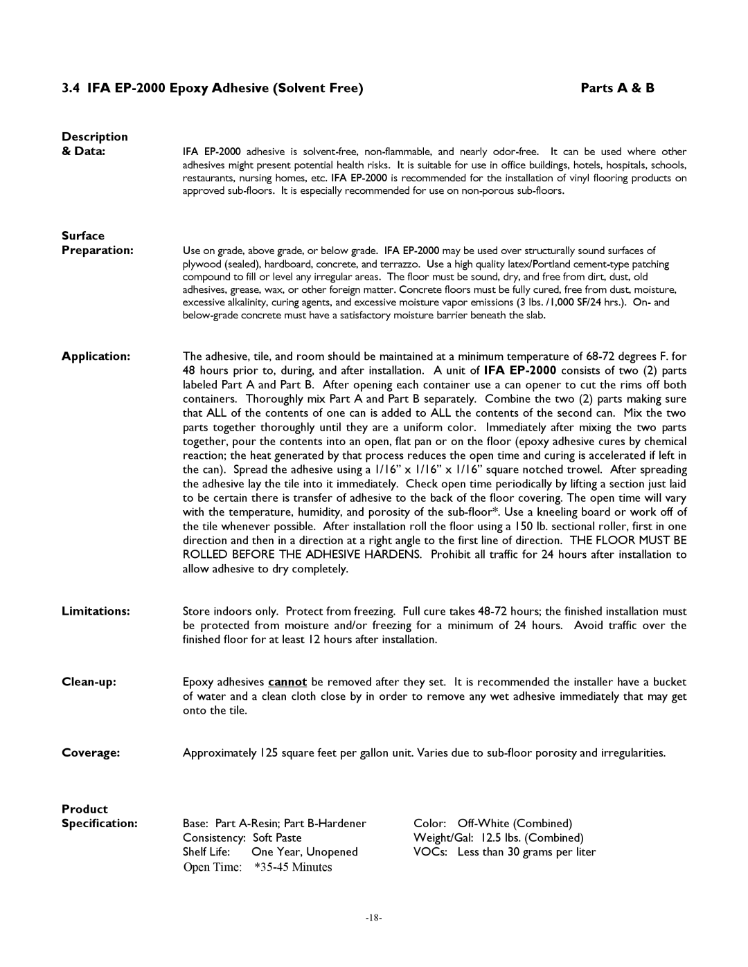 International Home Products Floors technical manual IFA EP-2000 Epoxy Adhesive Solvent Free, Product Specification 