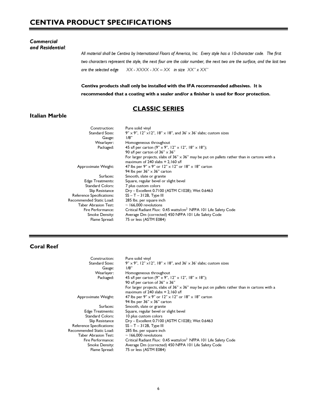 International Home Products Floors technical manual Centiva Product Specifications, Classic Series, Coral Reef 