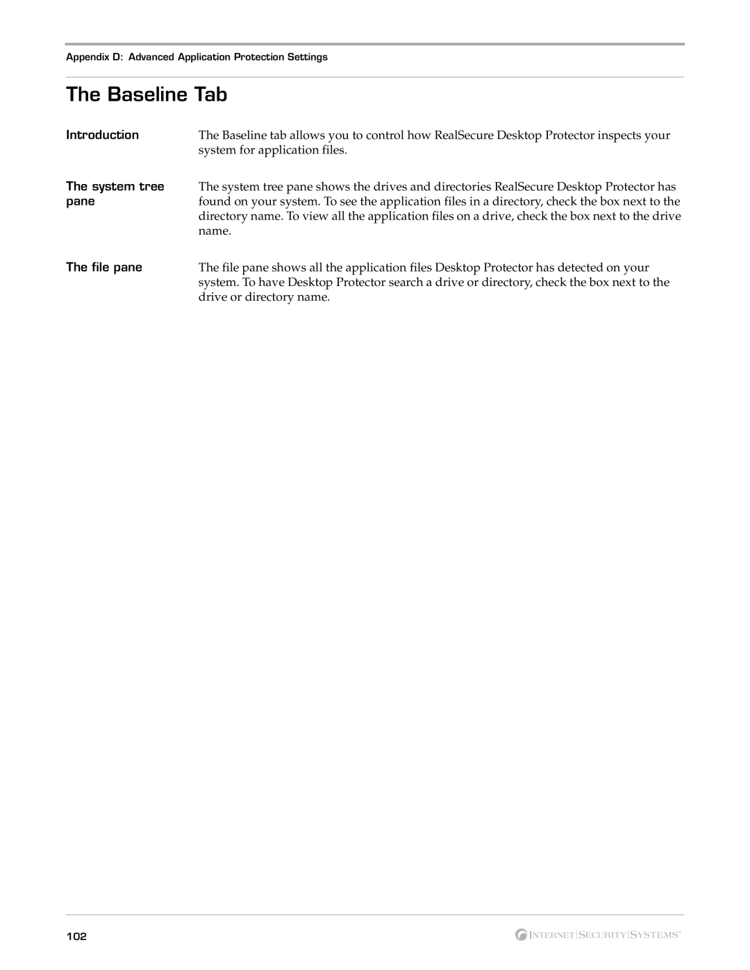Internet Security Systems Desktop Protector, 3.5 manual Baseline Tab, System tree, Pane, File pane 