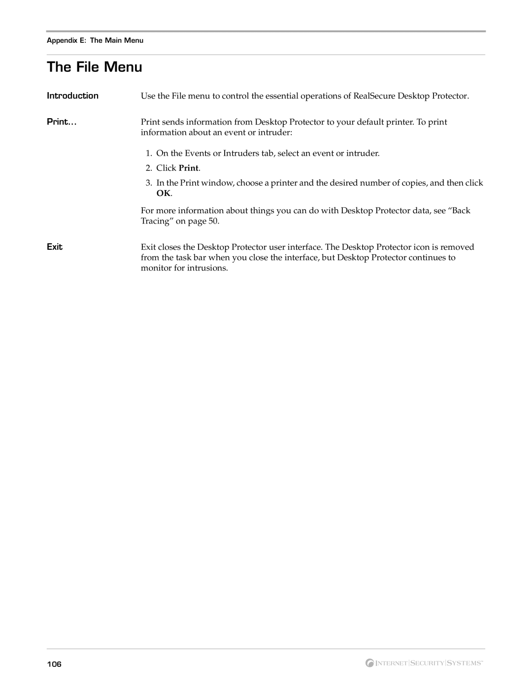 Internet Security Systems Desktop Protector, 3.5 manual File Menu, Print, Information about an event or intruder, Exit 