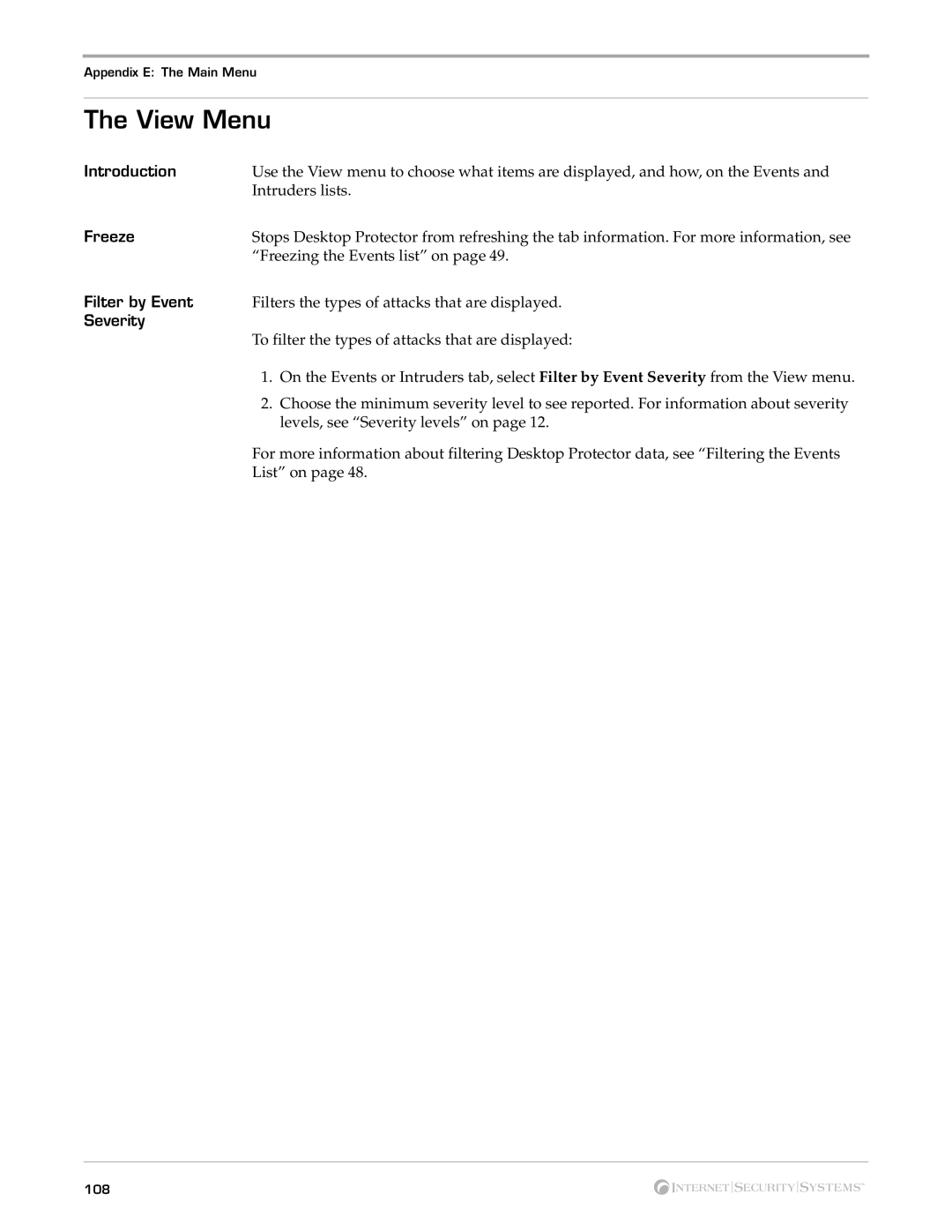 Internet Security Systems Desktop Protector, 3.5 manual View Menu, Freeze, Filter by Event, Severity 