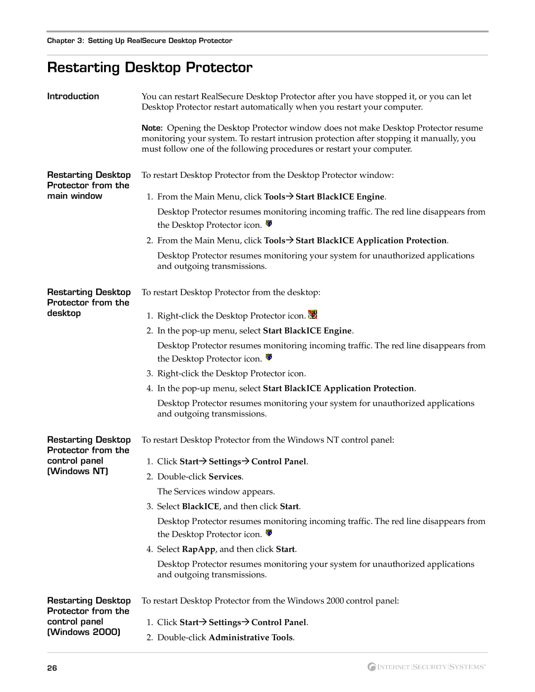 Internet Security Systems 3.5 Restarting Desktop Protector, Pop-up menu, select Start BlackICE Application Protection 