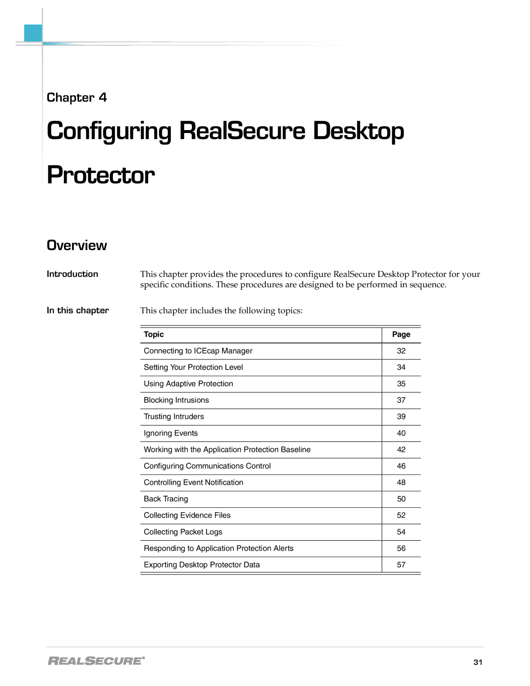 Internet Security Systems 3.5 manual Configuring RealSecure Desktop Protector, This chapter includes the following topics 