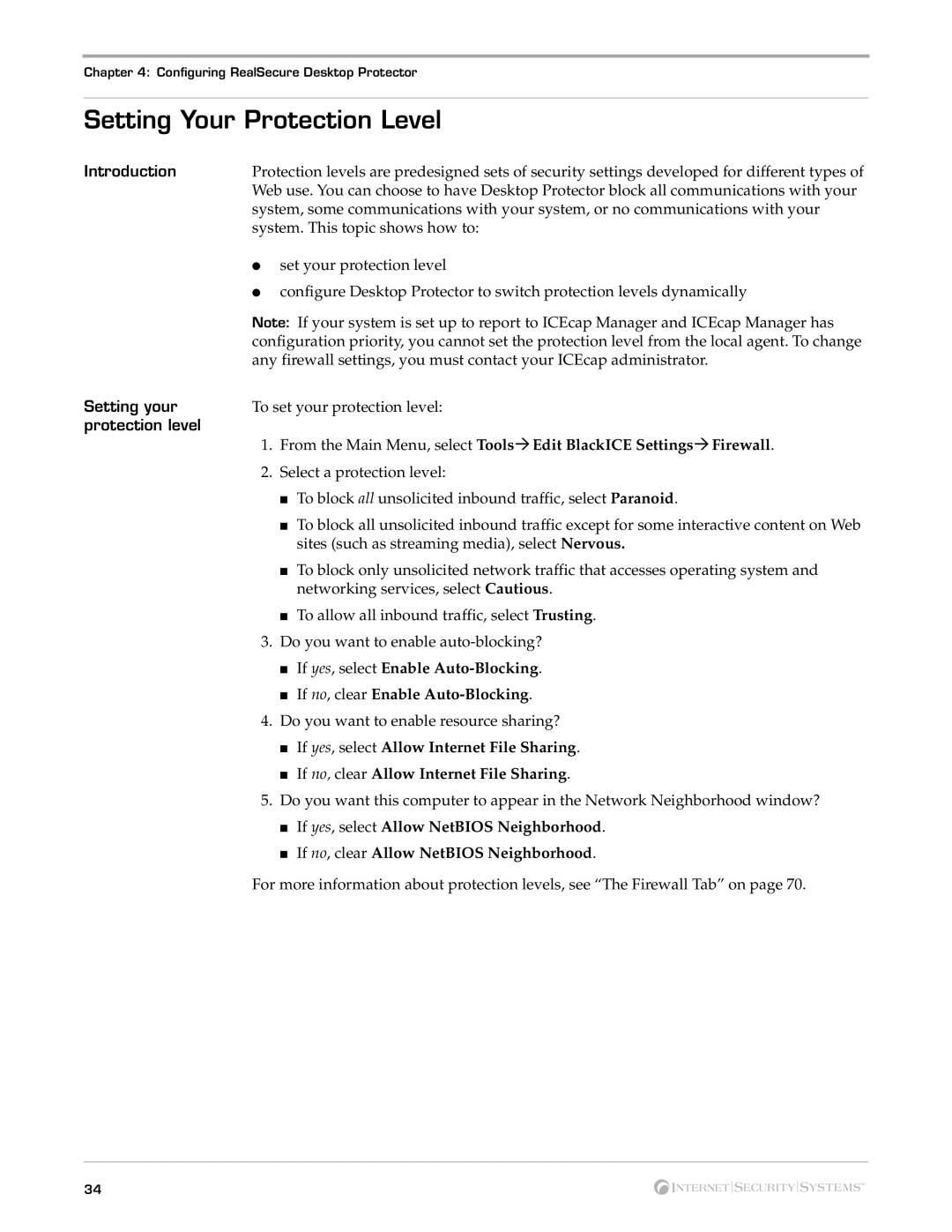 Internet Security Systems Desktop Protector, 3.5 manual Setting Your Protection Level, Setting your 