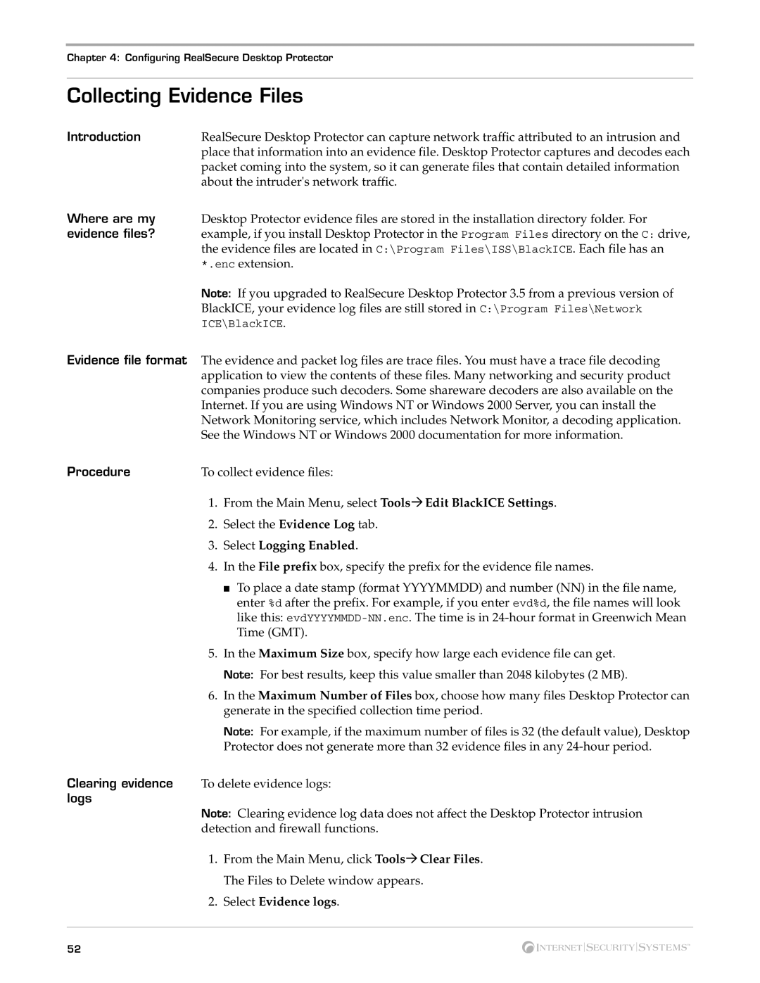 Internet Security Systems Desktop Protector, 3.5 Collecting Evidence Files, Select Logging Enabled, Select Evidence logs 