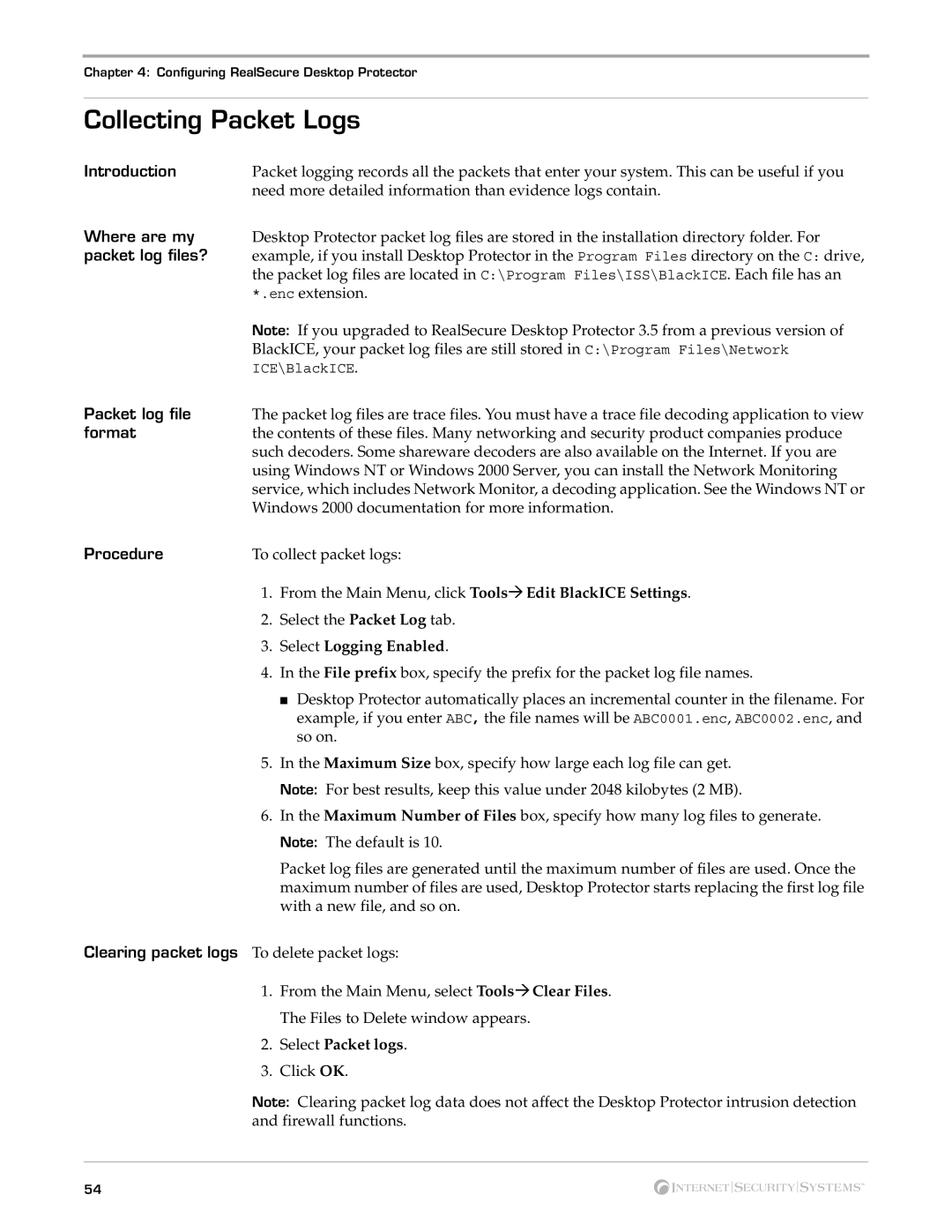 Internet Security Systems Desktop Protector, 3.5 Collecting Packet Logs, Packet log files?, Format, Select Packet logs 