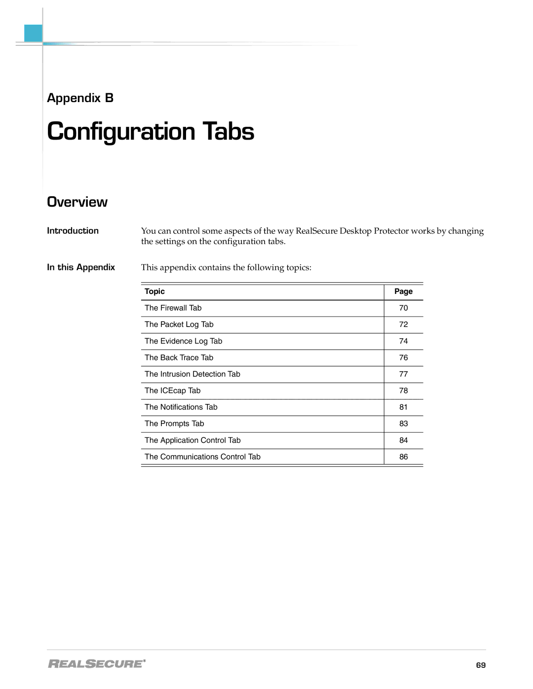 Internet Security Systems 3.5, Desktop Protector manual Configuration Tabs, Settings on the configuration tabs 