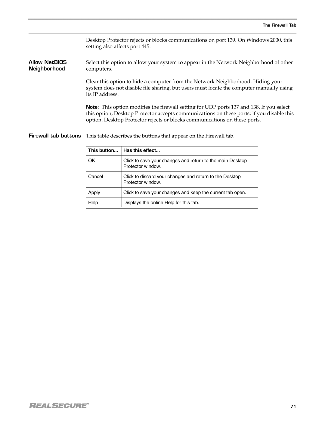 Internet Security Systems 3.5 manual Setting also affects port, Allow NetBIOS, Neighborhood, Firewall tab buttons 