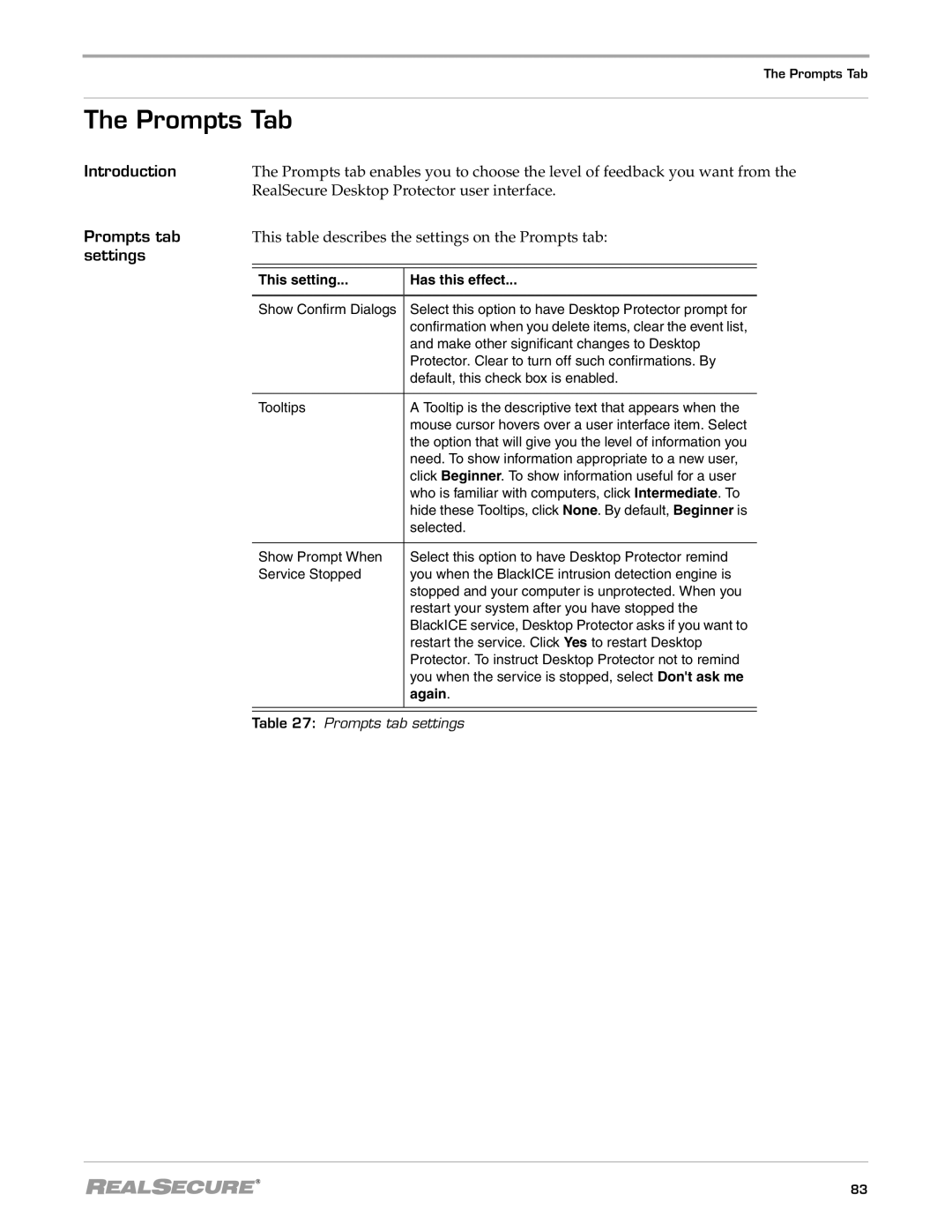 Internet Security Systems 3.5 manual Prompts Tab, RealSecure Desktop Protector user interface, Prompts tab, Again 