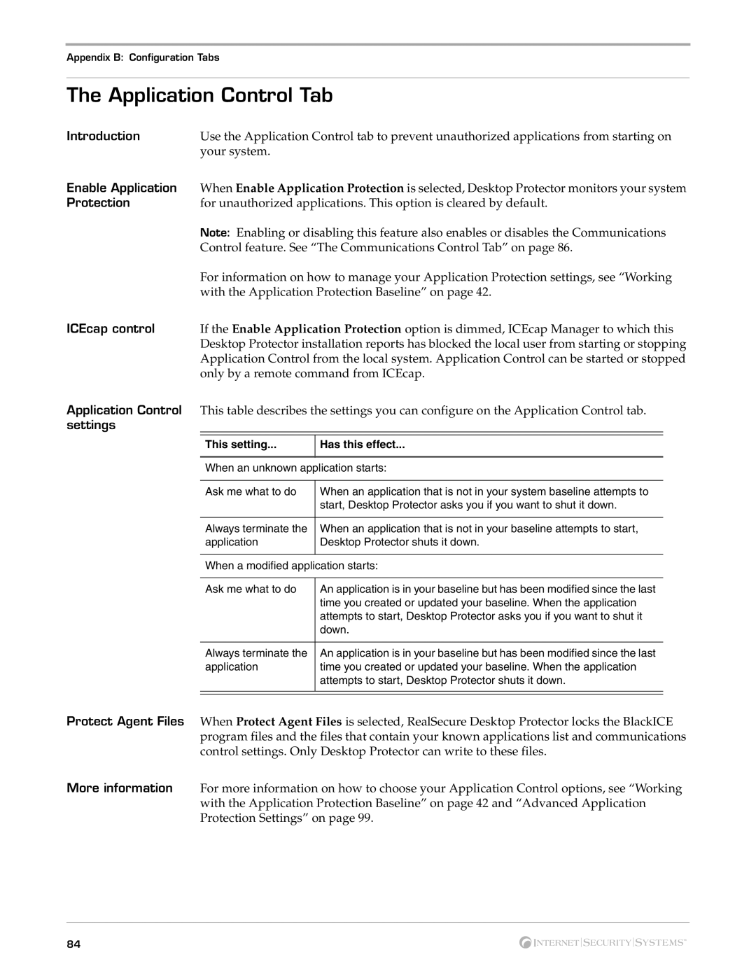 Internet Security Systems Desktop Protector, 3.5 manual Application Control Tab, Enable Application, ICEcap control 
