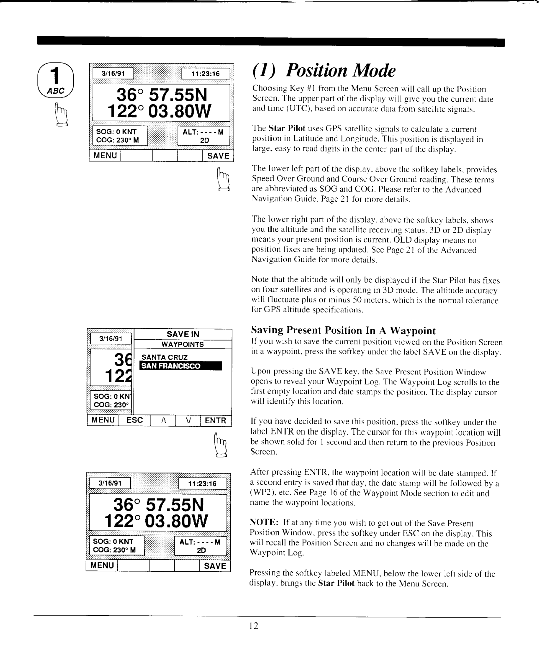 Interphase Tech Interphase Star Pilot GPS manual 122, PositionMode, SavingPresentPositionIn a Waypoint 