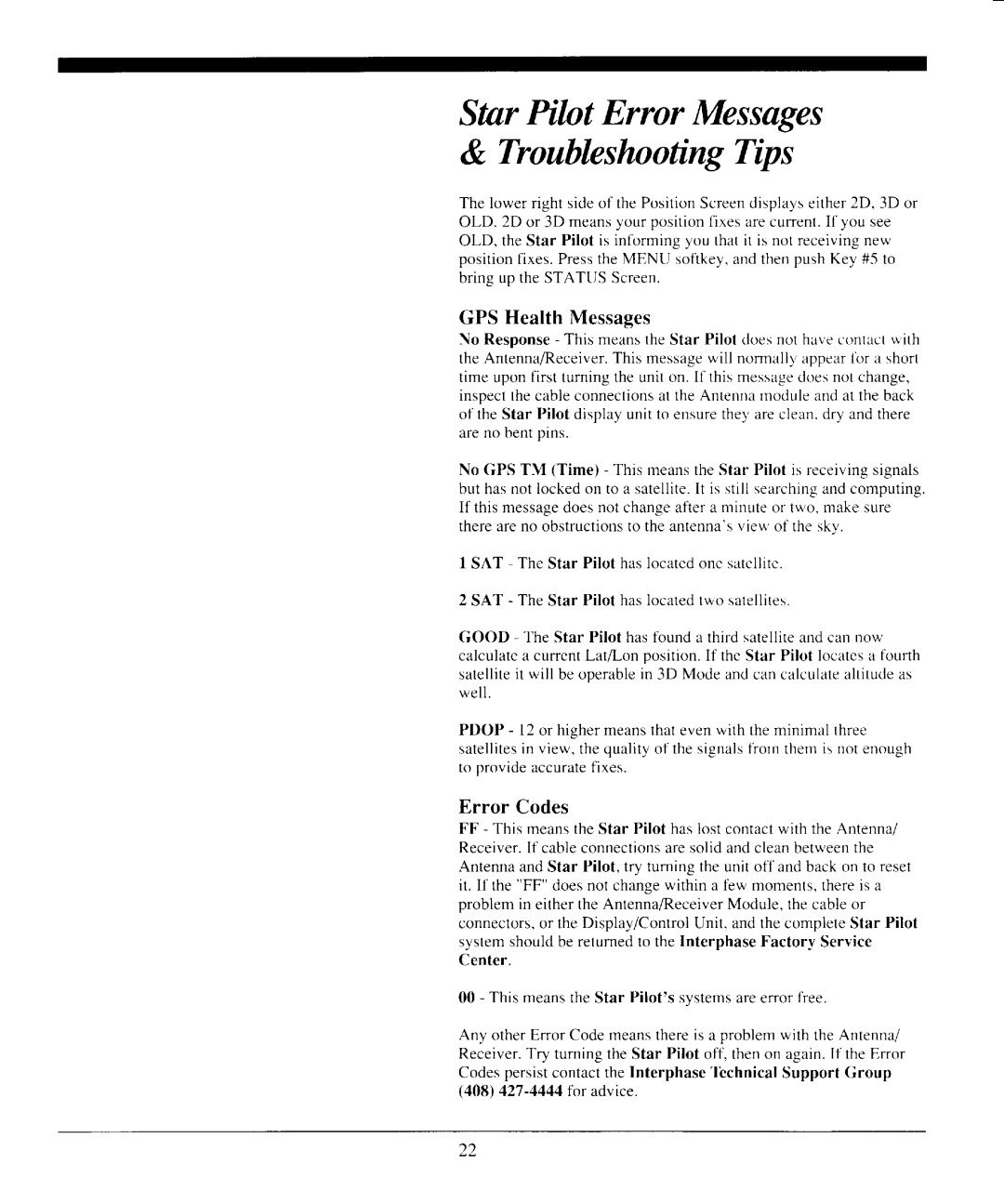 Interphase Tech Interphase Star Pilot GPS StnrPilnt Error Messages & TroublpslnotingTips, GPS Health Messages, Error Codes 