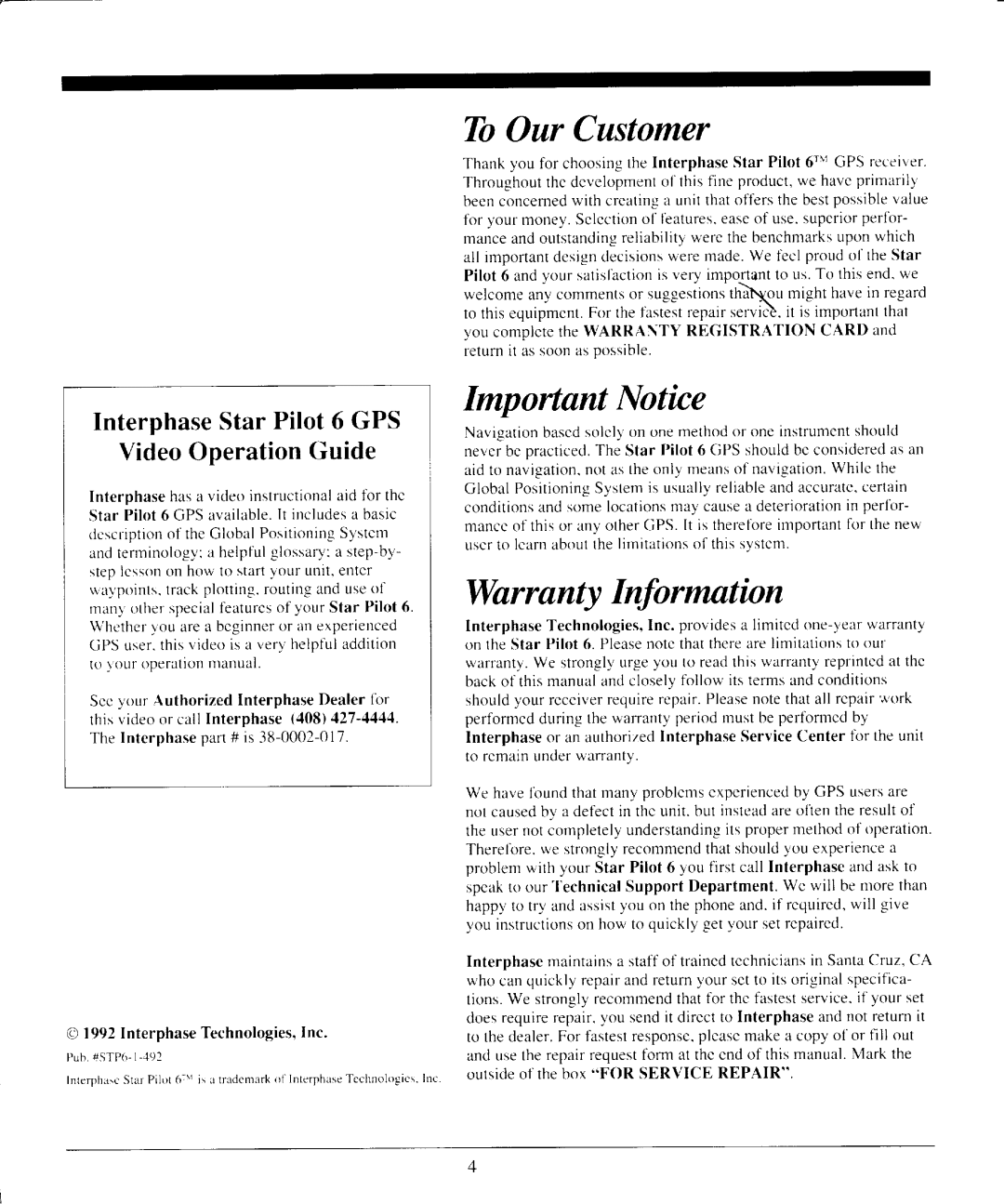 Interphase Tech Star Pilot 6 manual ToOur Customer, Important lotice, WarrantyInformntion 