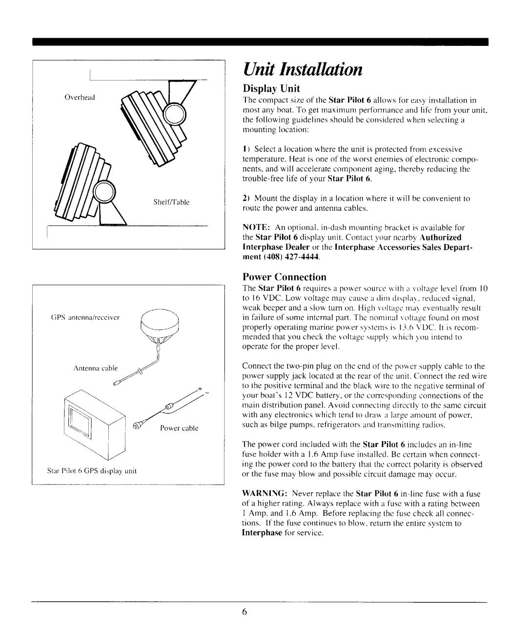 Interphase Tech Star Pilot 6 manual UniI Installntion, Power Connection 