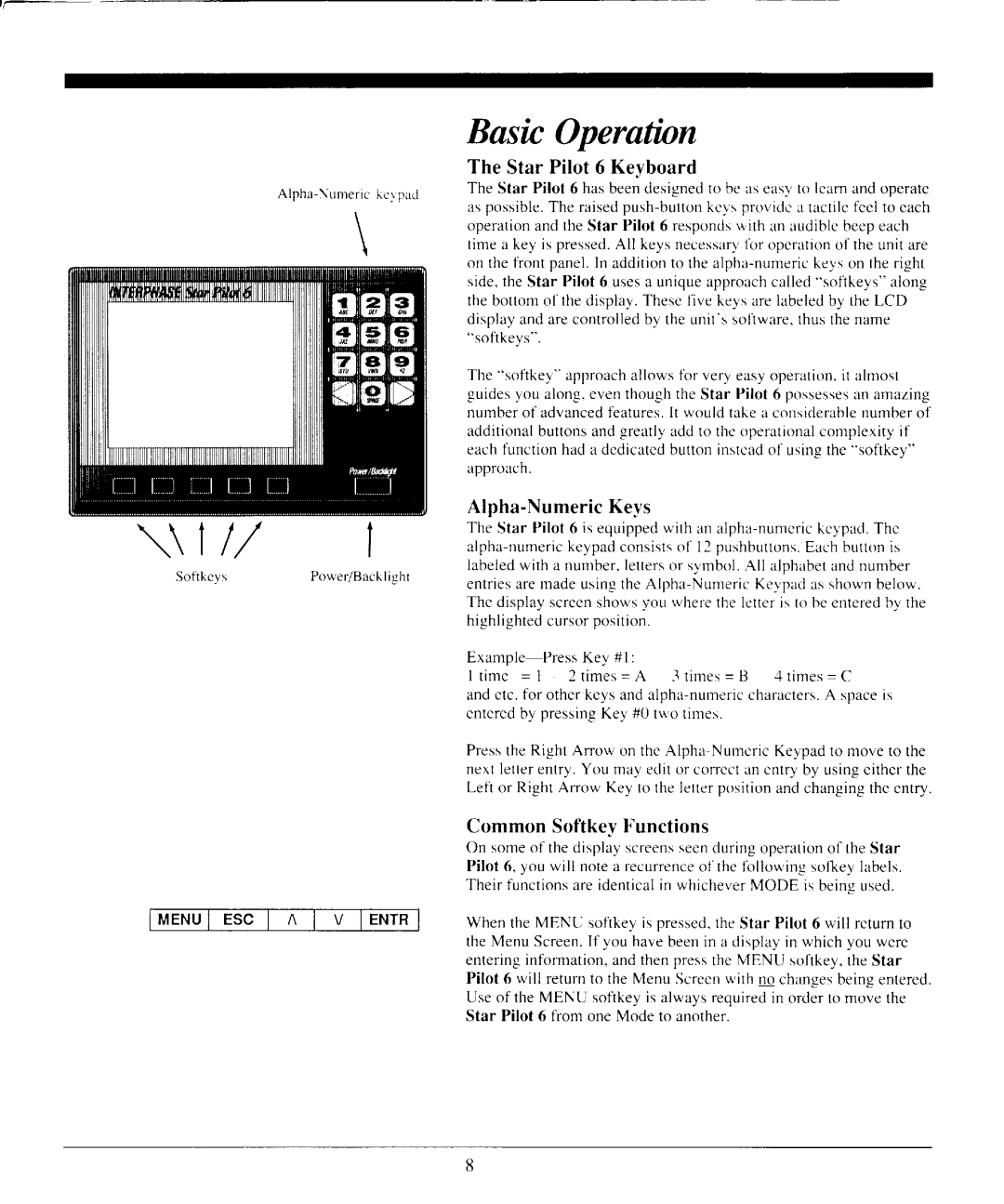 Interphase Tech manual BasicOperation, Star Pilot 6 Keyboard, Alpha-Numeric Keys, Common SoftkeyFunctions 