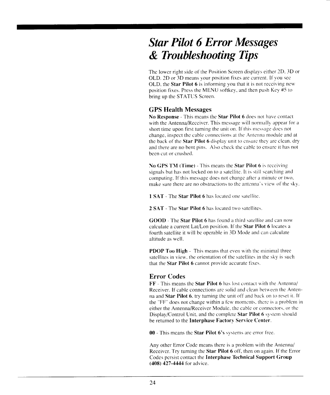 Interphase Tech Star Pilot 6 manual Snr Pilot 6 Error Messages & TroublcslnotingTips, GPS Health Messages, Error Codes 