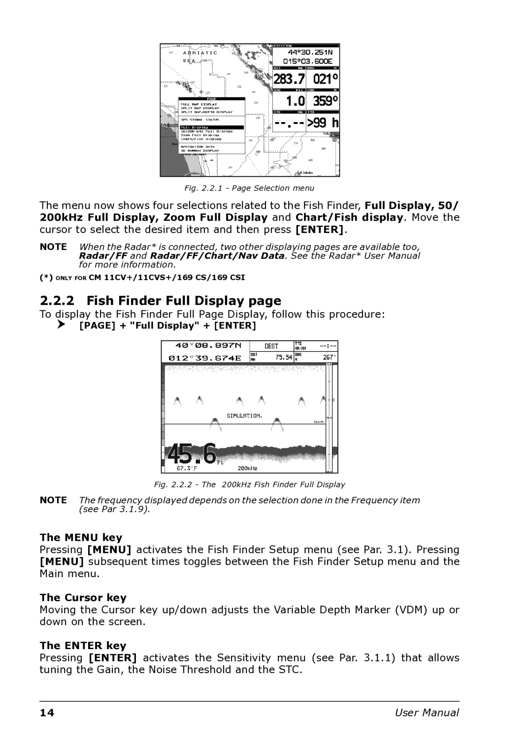 Interphase Tech U1-BBFF-DFN user manual Fish Finder Full Display, Menu key, Cursor key, Enter key 