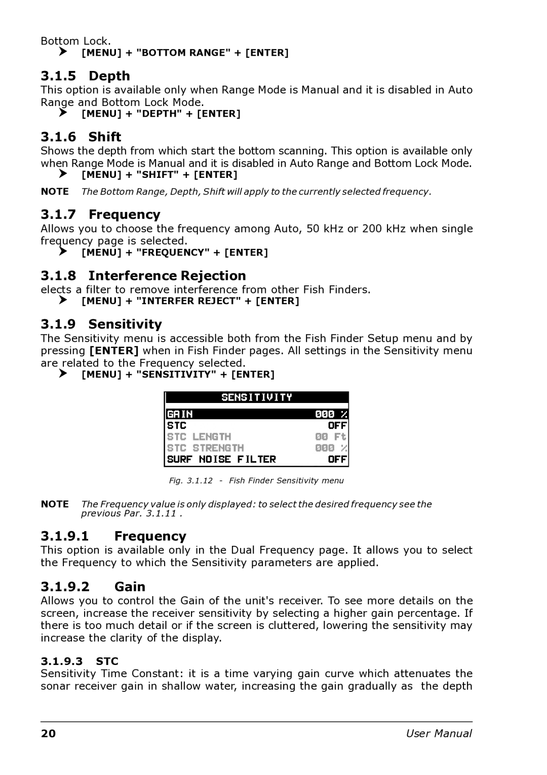 Interphase Tech U1-BBFF-DFN user manual Depth, Shift, Frequency, Interference Rejection, Sensitivity, Gain 