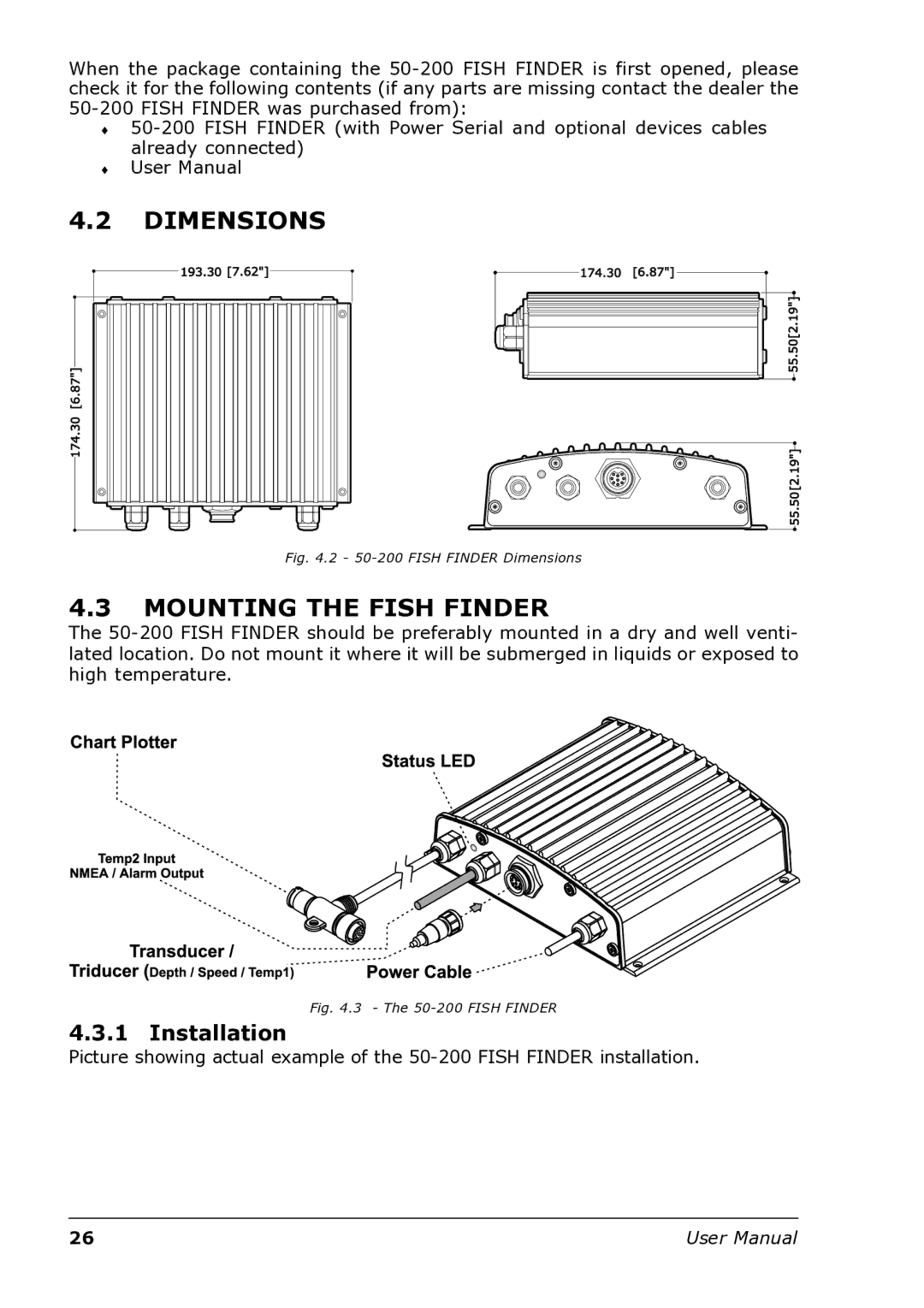 Interphase Tech U1-BBFF-DFN user manual Dimensions, Mounting the Fish Finder, Installation 