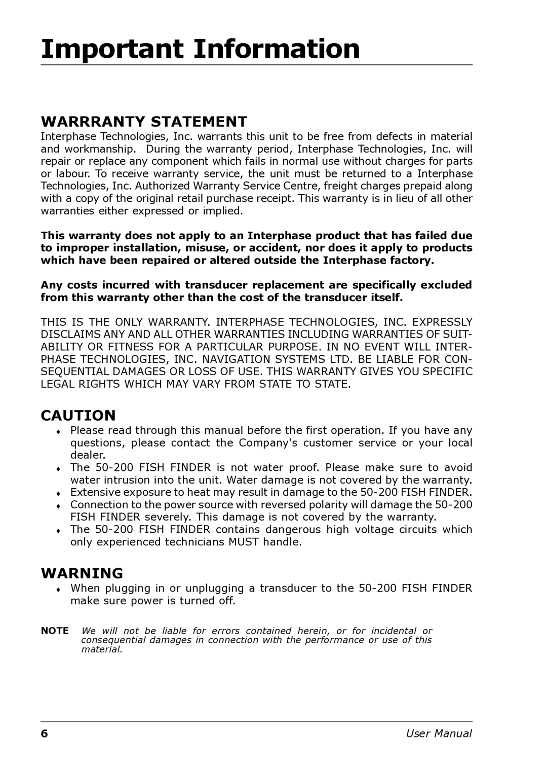 Interphase Tech U1-BBFF-DFN user manual Important Information, Warrranty Statement 