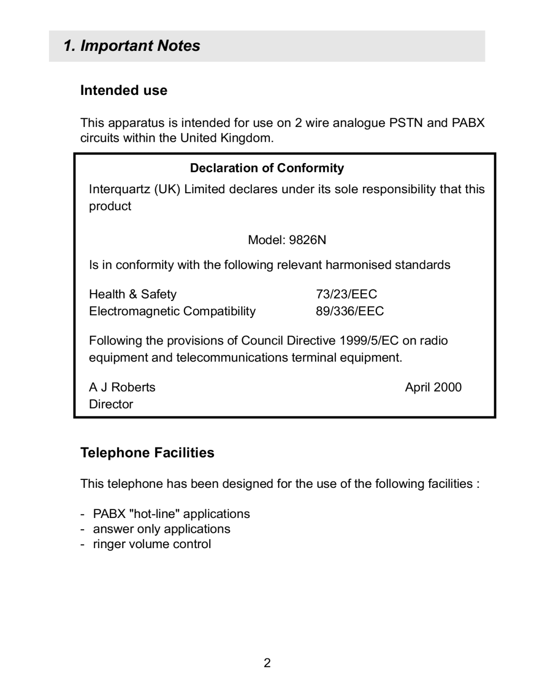 Interquartz 9826N manual Important Notes, Intended use, Telephone Facilities 