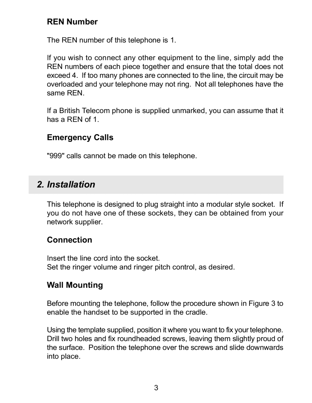 Interquartz 9826N manual Installation, REN Number, Emergency Calls, Connection, Wall Mounting 