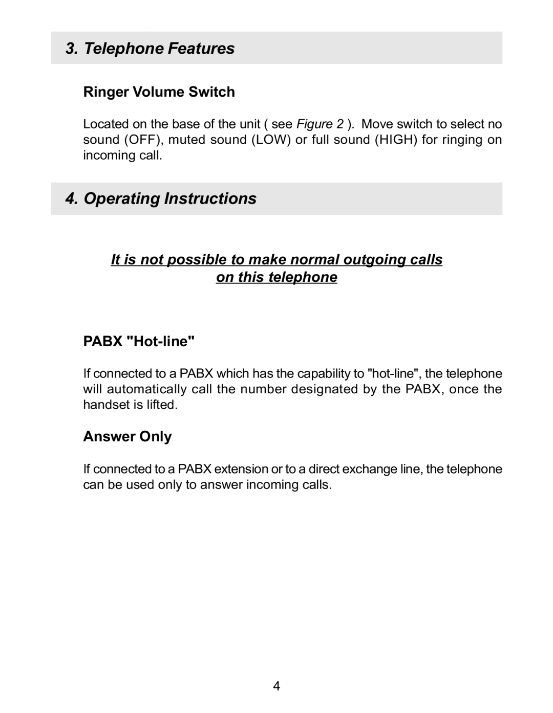 Interquartz 9826N manual Telephone Features, Operating Instructions, Ringer Volume Switch, Answer Only 