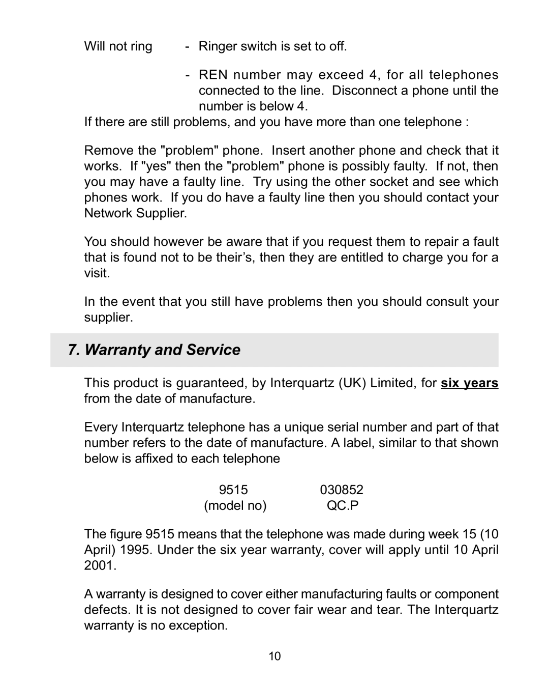 Interquartz 98380 manual Warranty and Service 