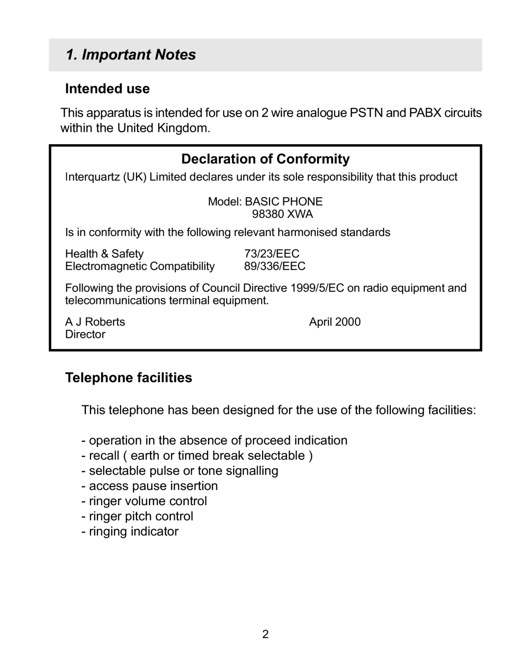 Interquartz 98380 manual Important Notes, Intended use, Declaration of Conformity, Telephone facilities 