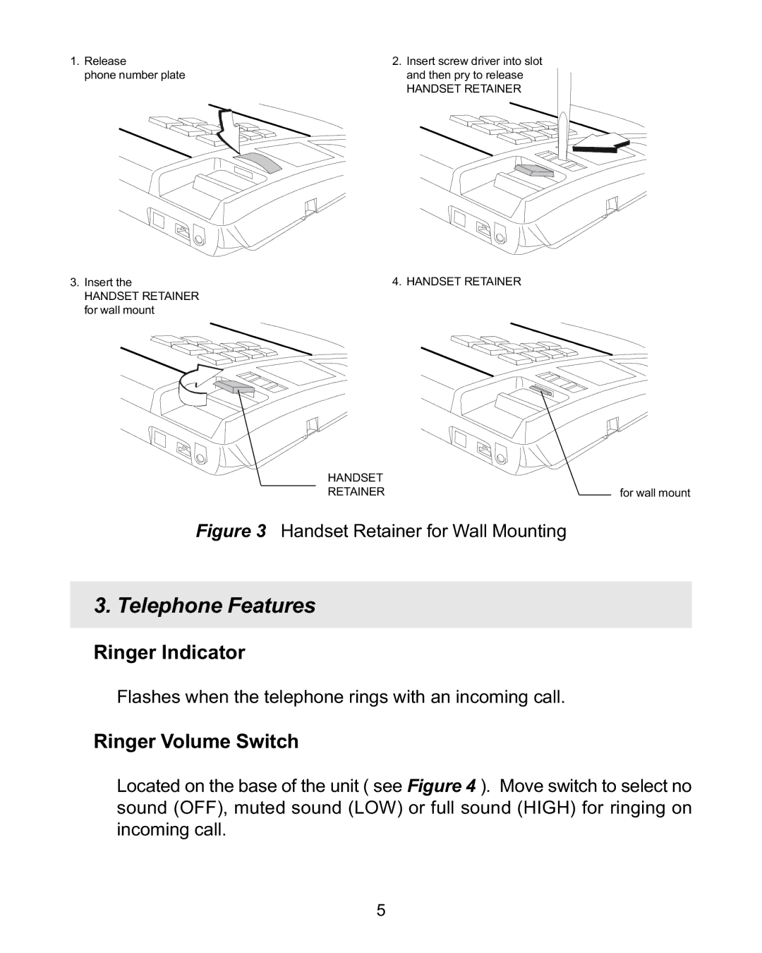 Interquartz 98380 manual Telephone Features, Ringer Indicator, Ringer Volume Switch 