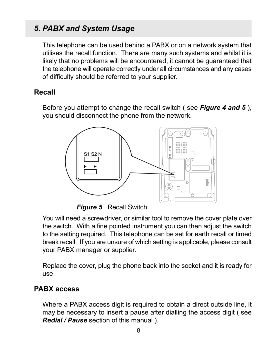 Interquartz 98380 manual Pabx and System Usage, Recall, Pabx access 