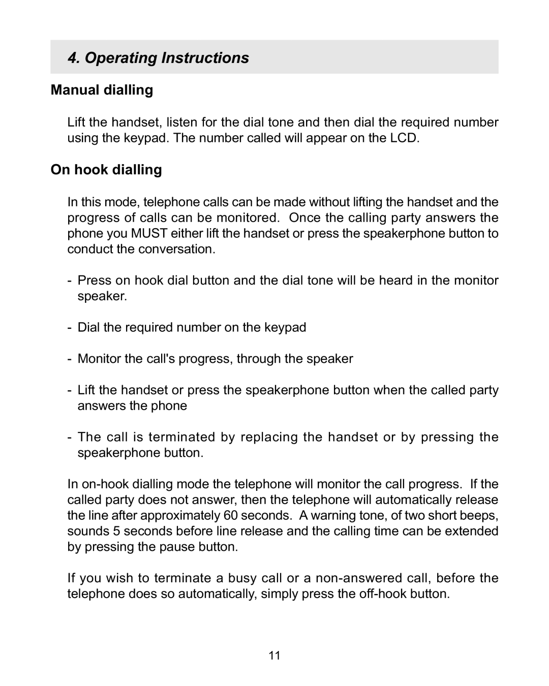 Interquartz 98583 manual Operating Instructions, Manual dialling, On hook dialling 