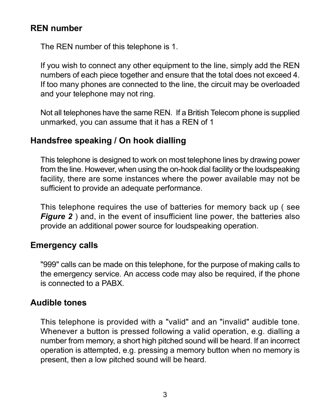 Interquartz 98583 manual REN number, Handsfree speaking / On hook dialling, Emergency calls, Audible tones 