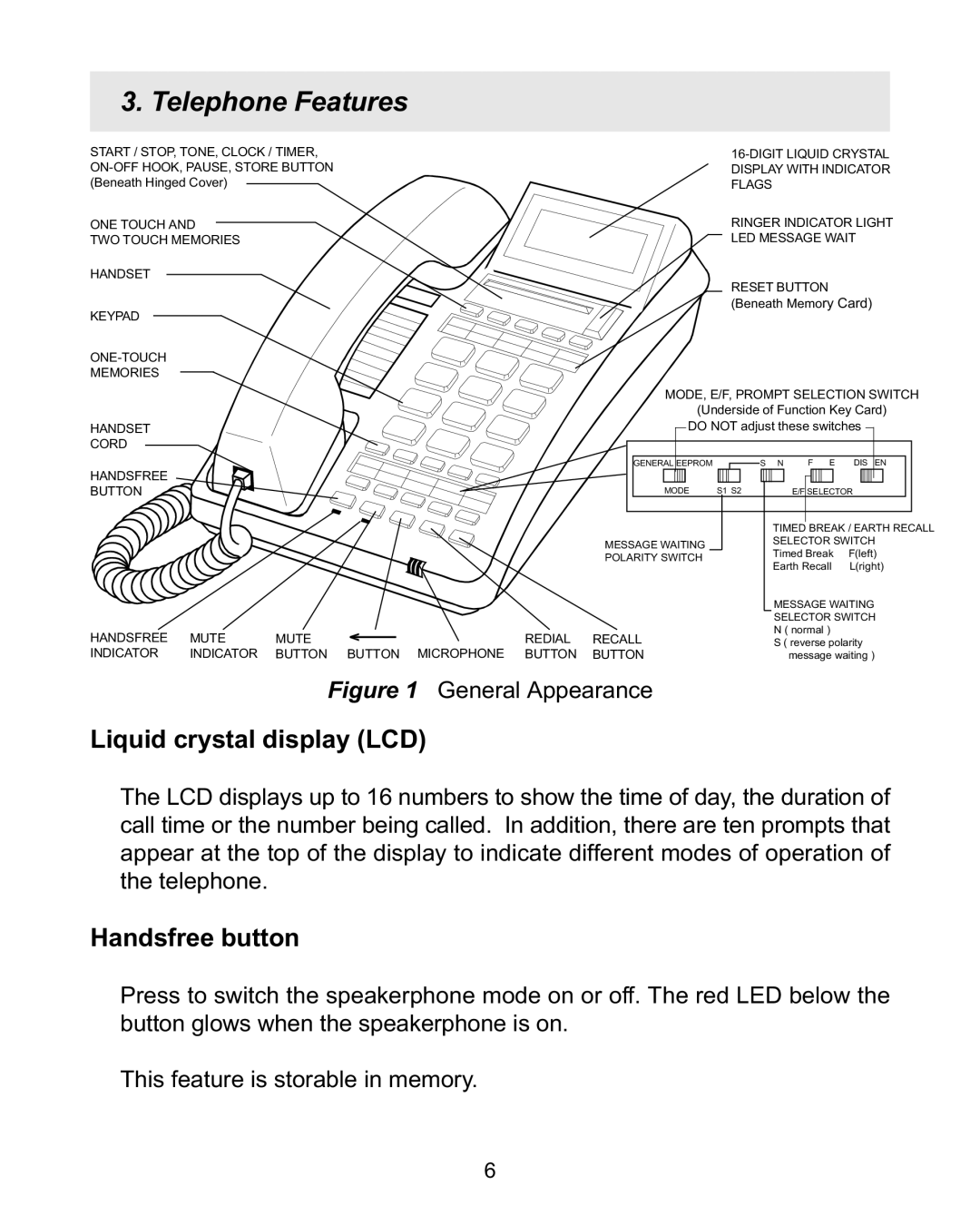 Interquartz 98583 manual Telephone Features, Liquid crystal display LCD, Handsfree button 