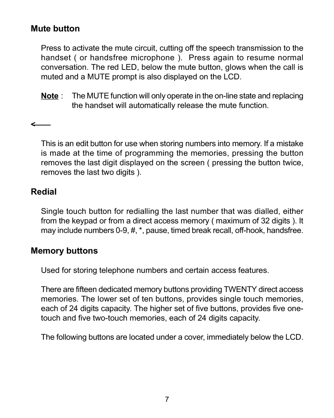 Interquartz 98583 manual Mute button, Redial, Memory buttons 