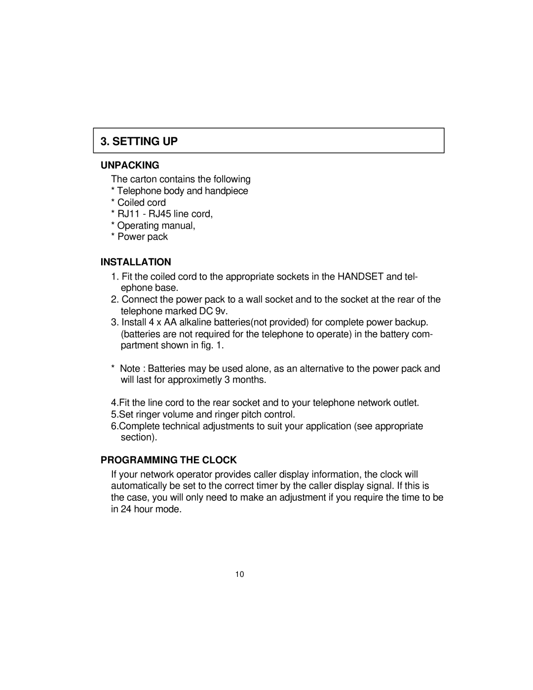 Interquartz 9859 manual Setting UP, Unpacking, Installation, Programming the Clock 