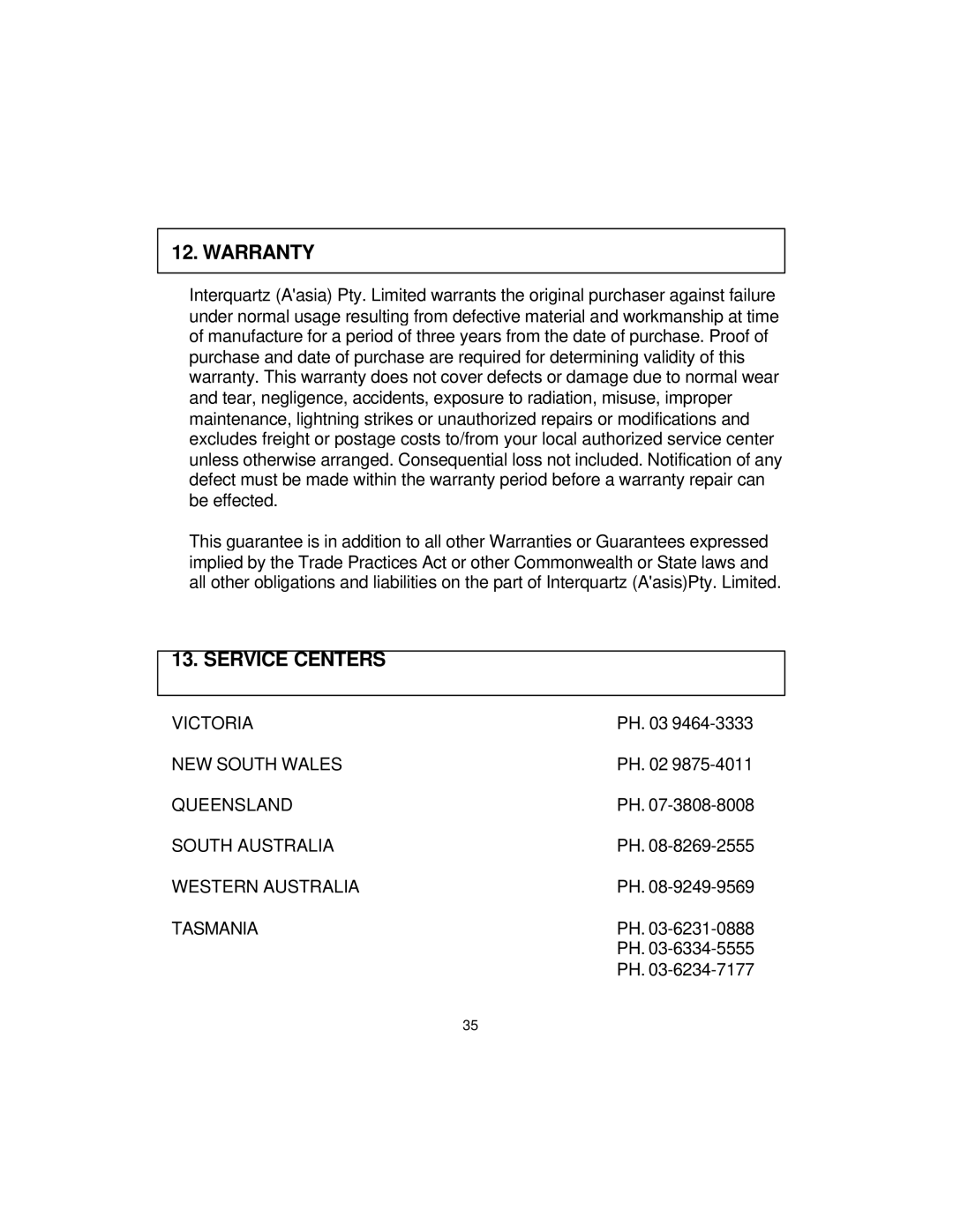 Interquartz 9859 manual Warranty 