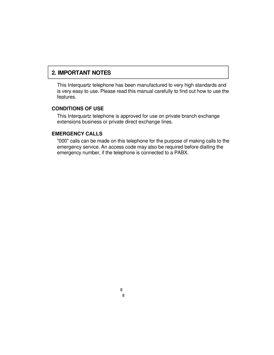 Interquartz 9859 manual Important Notes, Conditions of USE, Emergency Calls 