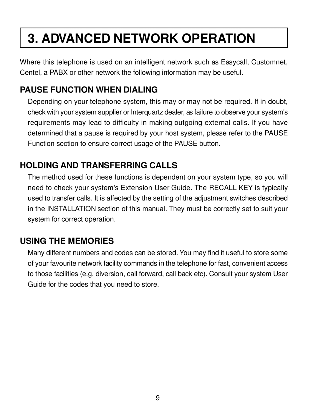 Interquartz IQ331 manual Advanced Network Operation, Pause Function When Dialing, Holding and Transferring Calls 