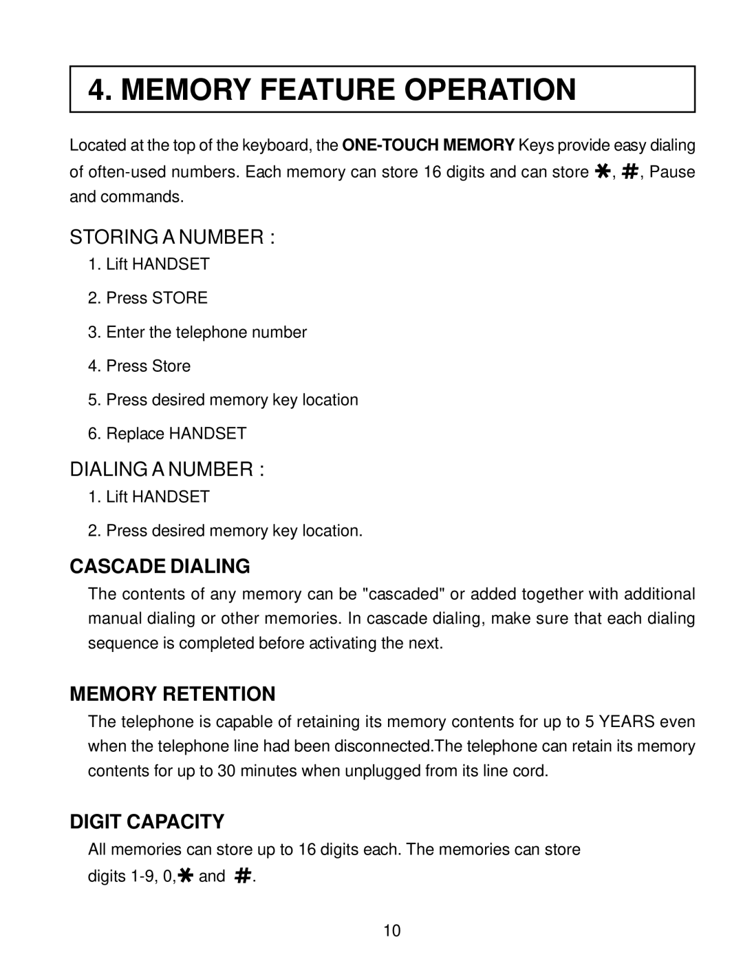 Interquartz IQ331 manual Memory Feature Operation, Cascade Dialing, Memory Retention, Digit Capacity 