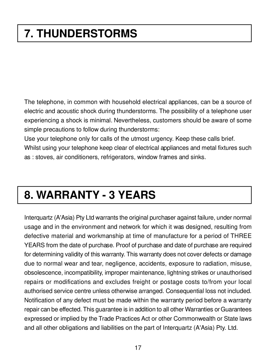 Interquartz IQ331 manual Thunderstorms, Warranty 3 Years 