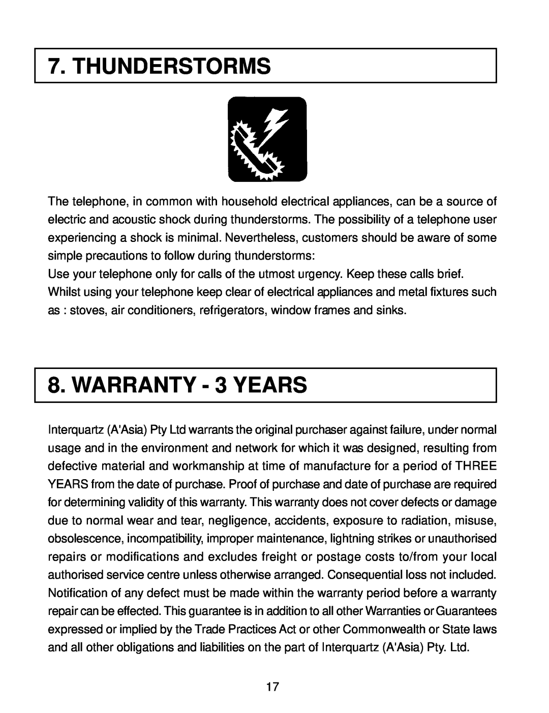 Interquartz IQ331 manual Thunderstorms, WARRANTY - 3 YEARS 