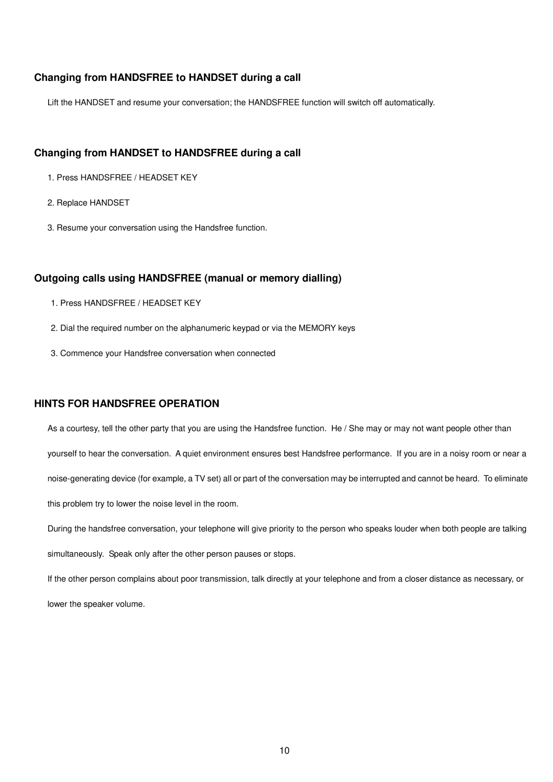 Interquartz IQ333 manual Changing from Handsfree to Handset during a call, Hints for Handsfree Operation 