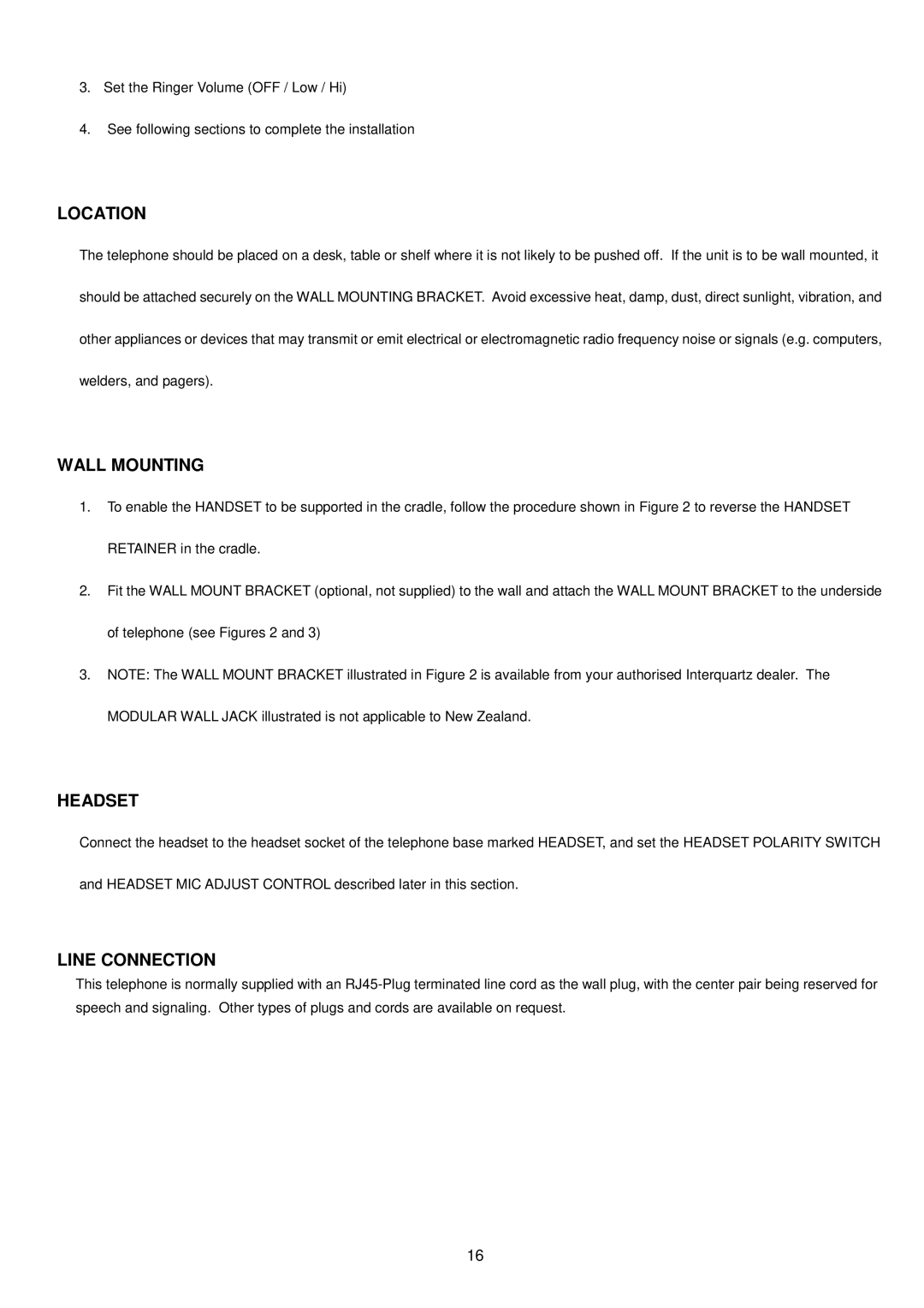 Interquartz IQ333 manual Location, Wall Mounting, Headset, Line Connection 