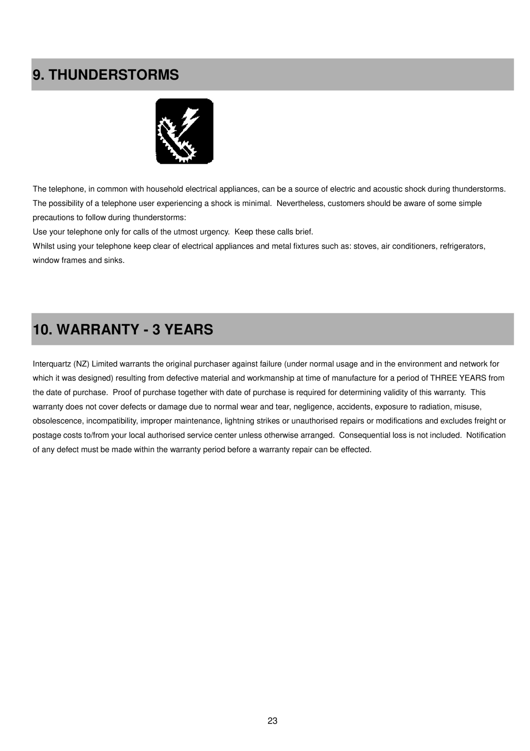Interquartz IQ333 manual Thunderstorms, Warranty 3 Years 