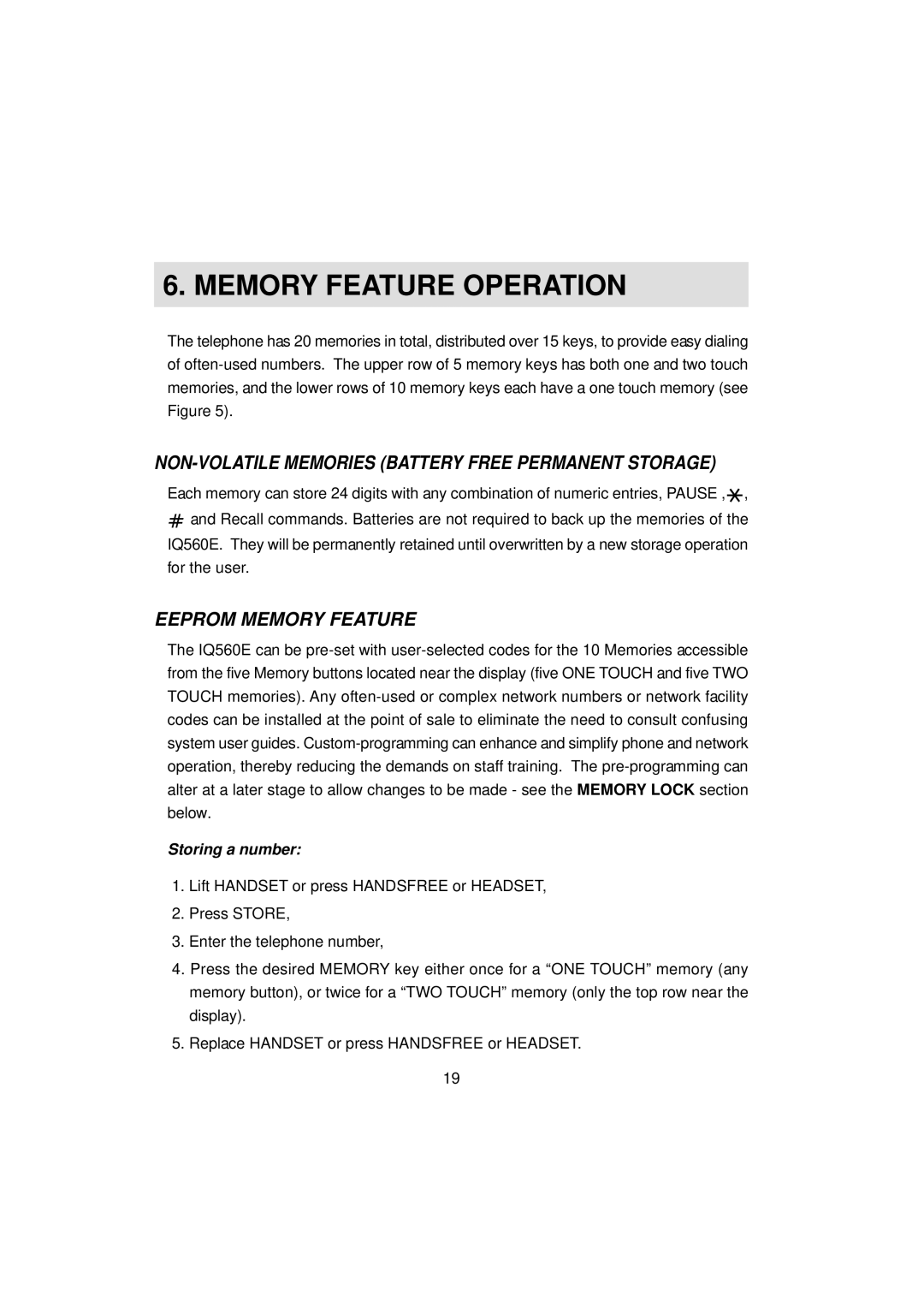 Interquartz IQ560E Memory Feature Operation, NON-VOLATILE Memories Battery Free Permanent Storage, Eeprom Memory Feature 