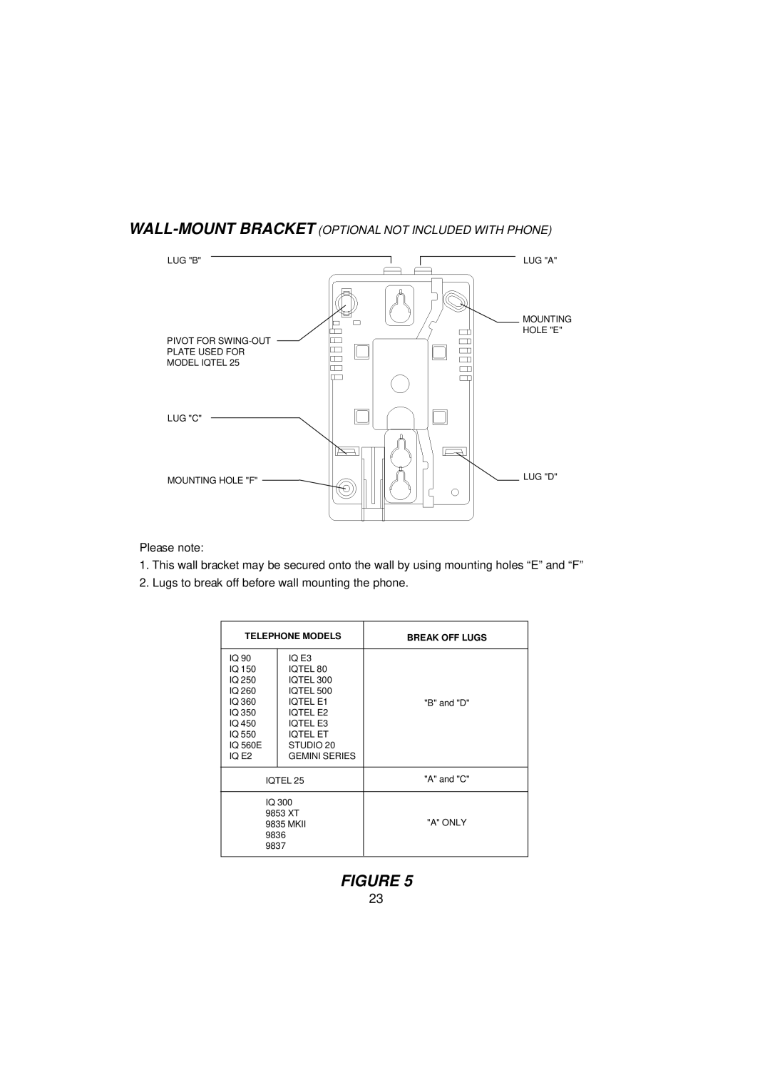 Interquartz IQ560E manual WALL-MOUNT Bracket Optional not Included with Phone 